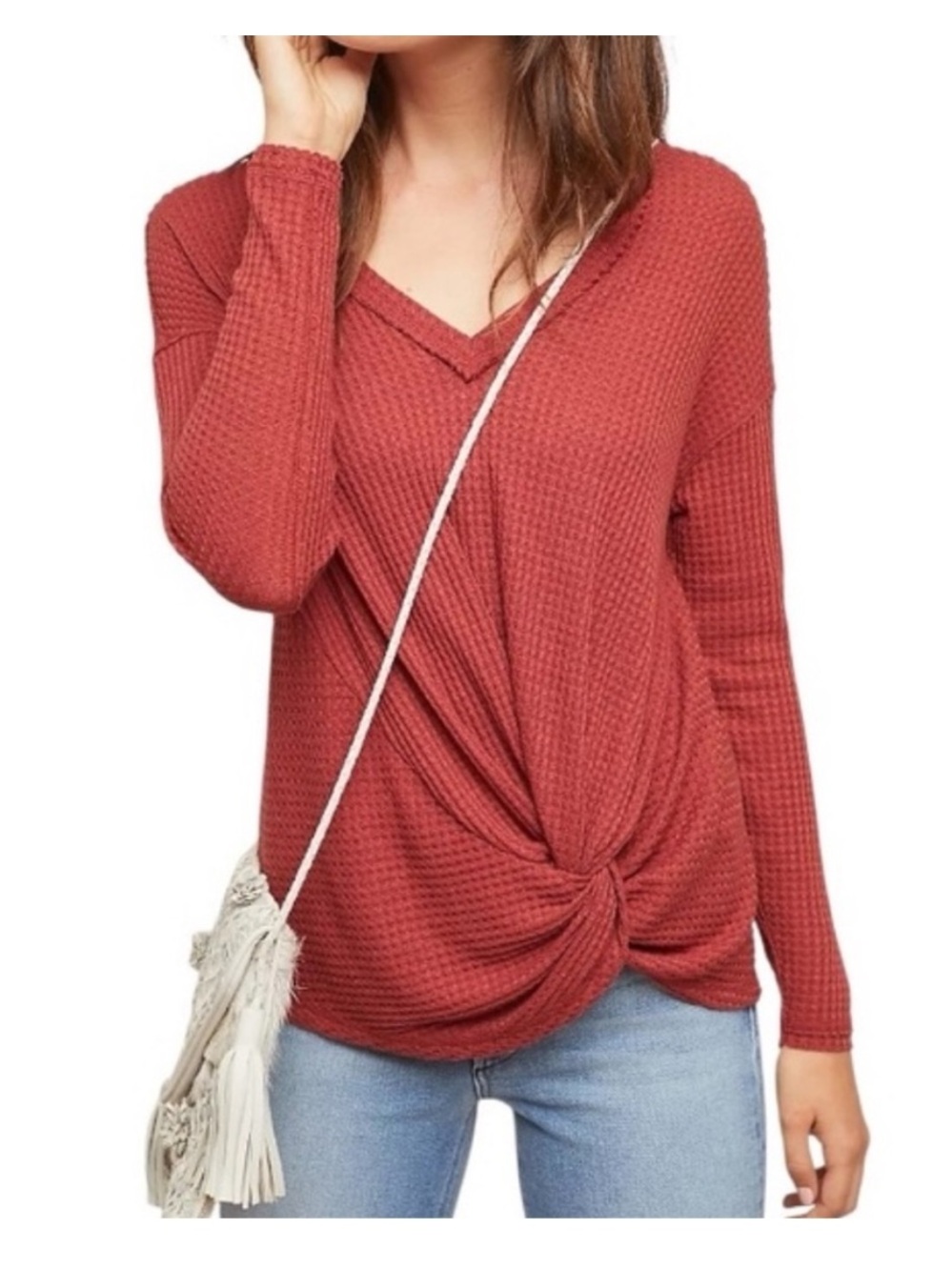 Anthropologie Akemi + Kin Rust Knotted Thermal Waffle Knit V-Neck Top Twist S